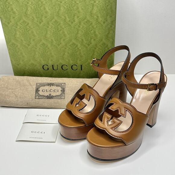 Gucci Cutout Interlocking G 37.5/ US 7.5 Platform Sandal Dark Brown Leather NIB - Picture 5 of 15